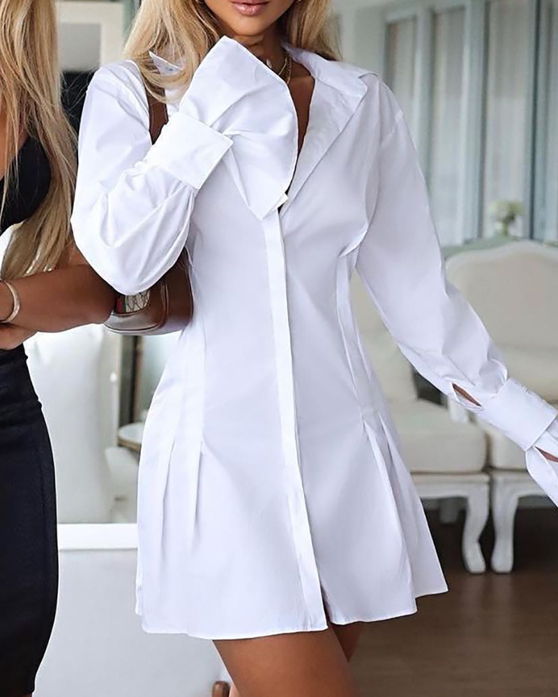 

Bell Sleeve Tight Waist Ruched Shirt Dress, White