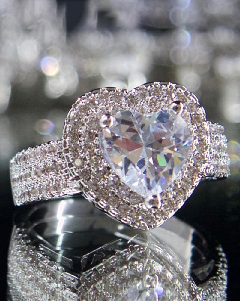 

1pc Allover Rhinestone Heart Shaped Ring, Silver