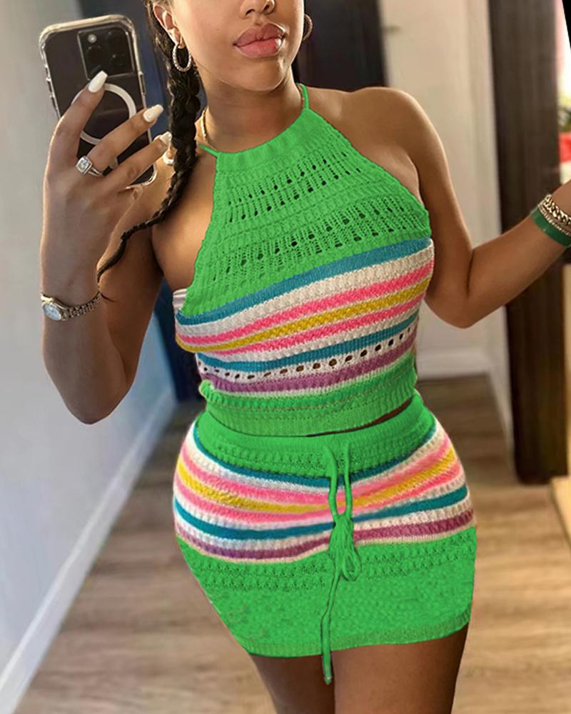 

Rainbow Stripe Print Crochet Knit Halter Tank & Skirt Set, Green