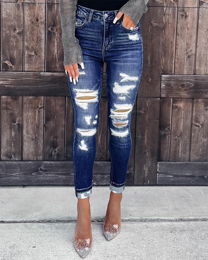 

Zipper Fly Cutout Ripped Skinny Jeans, Blue