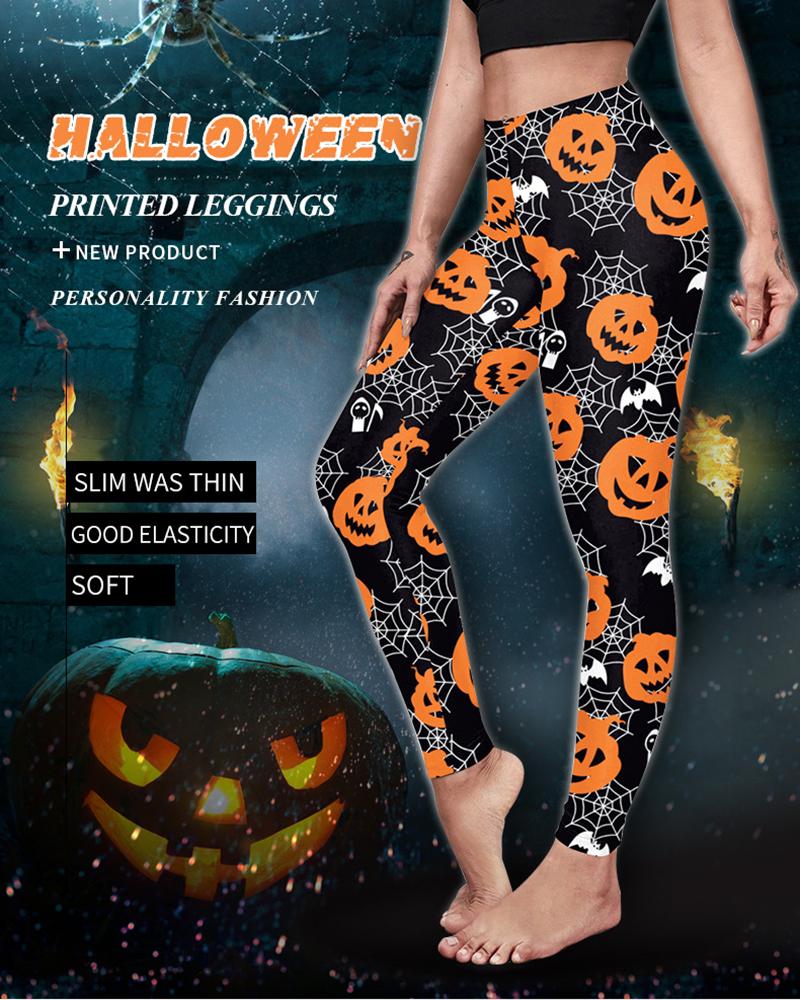 

Halloween Spider Web Pumpkin Print High Waist Leggings, Black