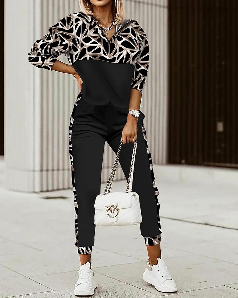 

Geo Letter Print Zip Front Hooded Top & Pants Set, Black