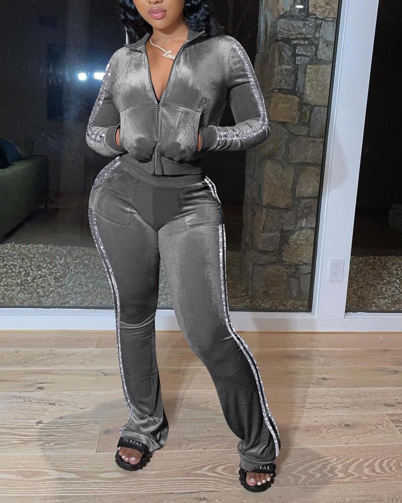

Velvet Tape Patch Zip Up Top & Pants Set, Gray