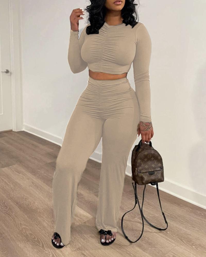 

Ruched Long Sleeve Crop Top & Wide Leg Pants Set, Apricot
