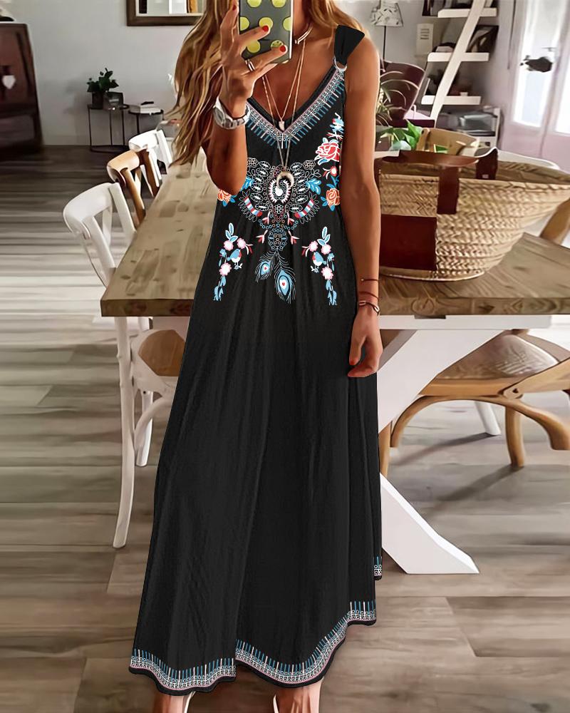 Robe maxi froncée à col en V et imprimé floral tribal