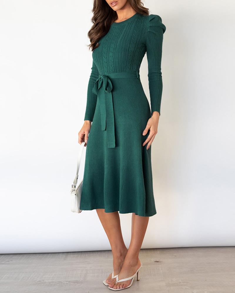 

Puff Sleeve Bowknot Decor Knit Casual Dress, Green