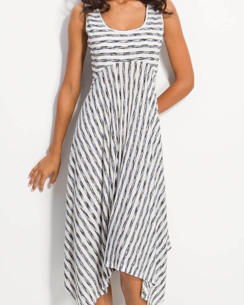 

Striped Print Asymmetrical Hem Casual Women Dress, White
