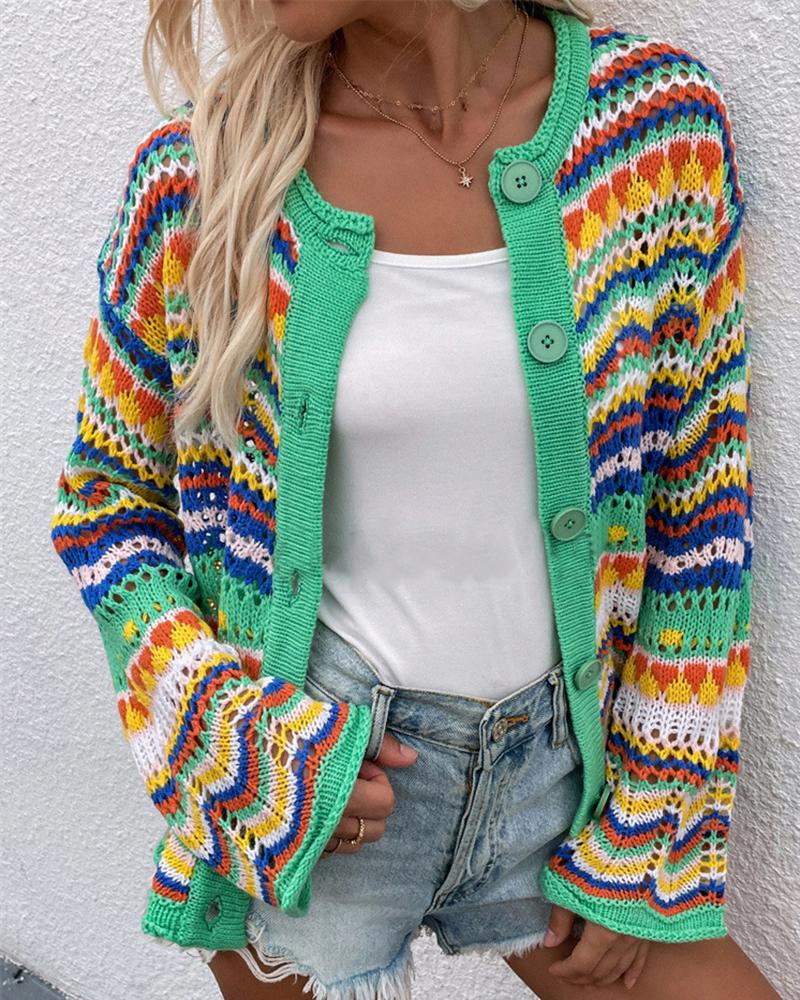 

Rainbow Stripe Pattern Hollow Out Knit Cardigan, Green
