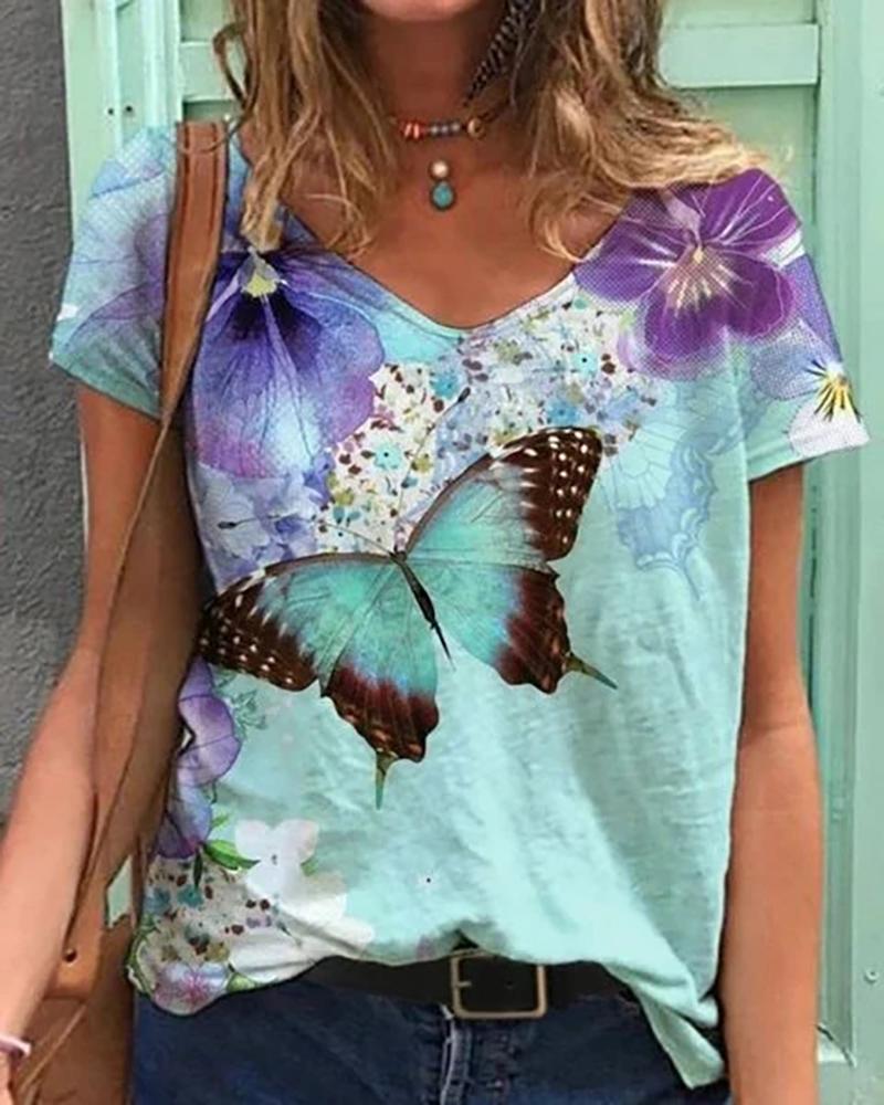 

Butterfly Floral Print Short Sleeve Casual T-Shirt, Blue