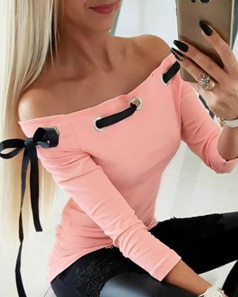 Off Shoulder Eyelet Tied Ribbon Top