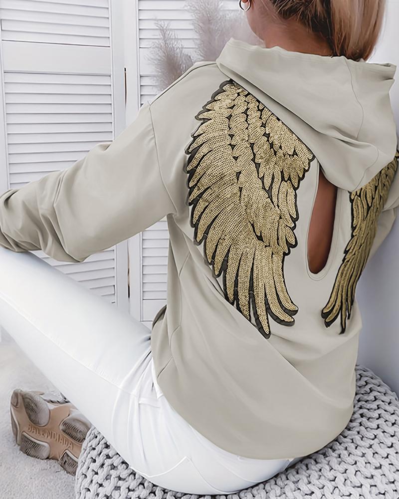 

RECYCLED Sequin Wings Pattern Cutout Hooded Top, Apricot