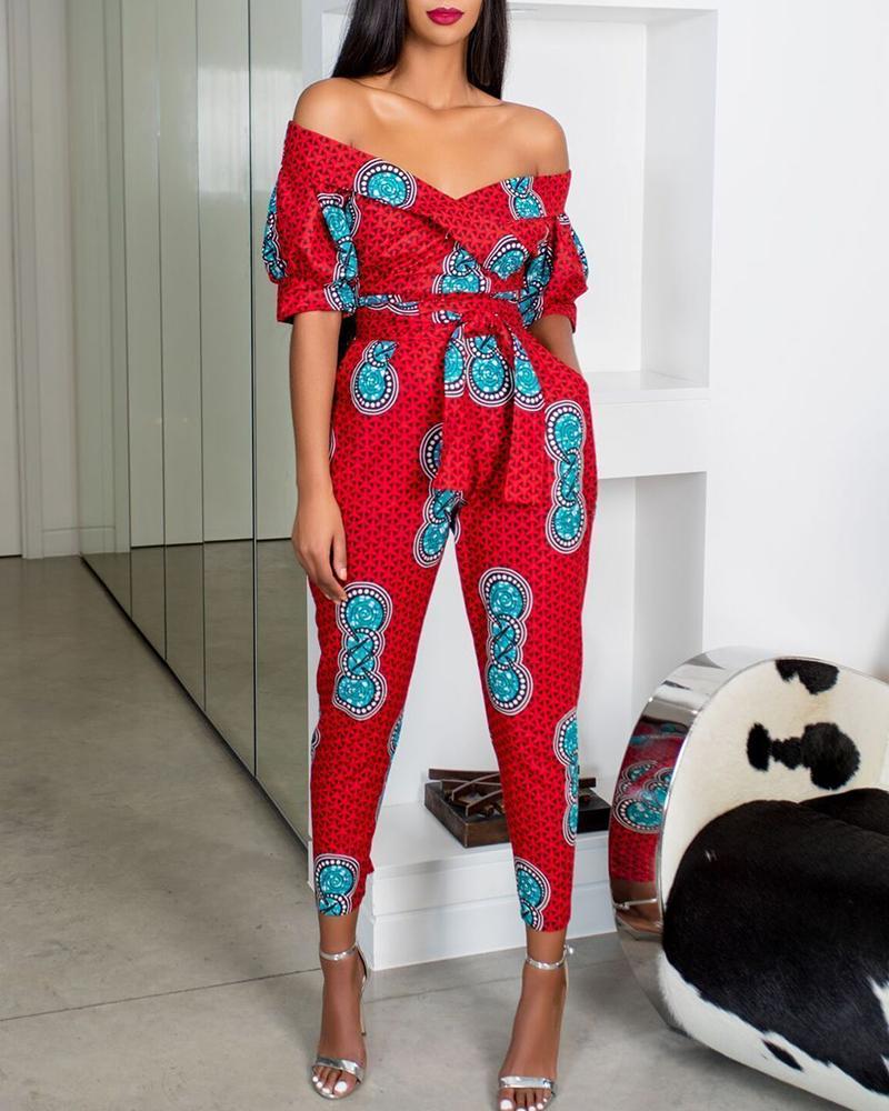 

Print Off Shoulder Tight Waist Short Sleeve Jumpsuit, Red