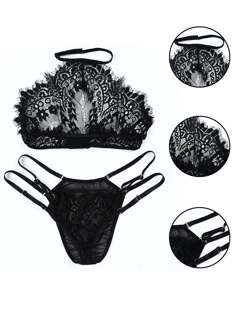 

Halter Cutout Eyelash Lace Lingerie Set, Black