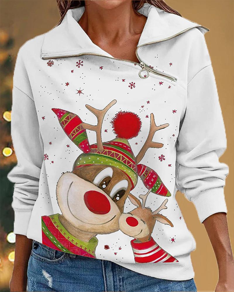 

Christmas Snowflake Elk Print Zip Detail Sweatshirt, White