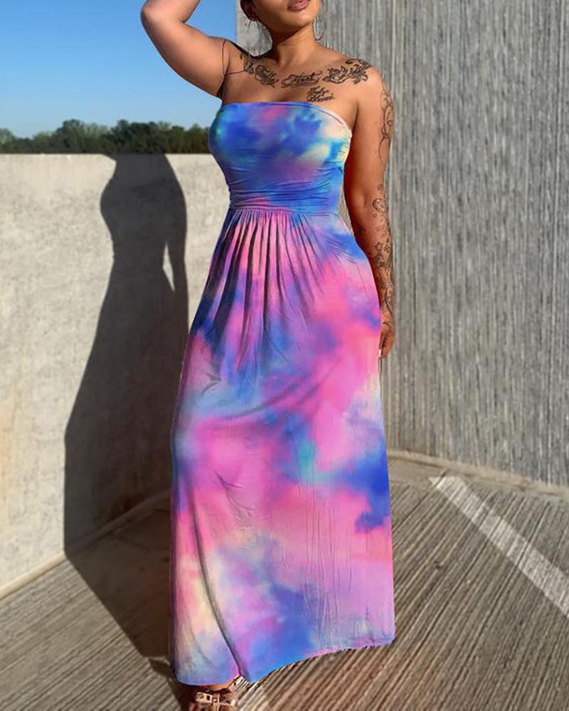 

Bandeau Tie Dye Print Ruched Sleeveless Maxi Dress, Purple