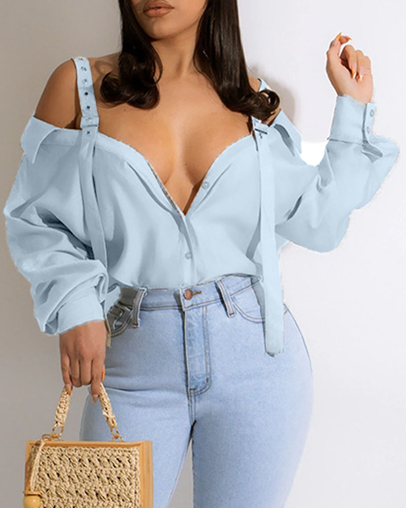 

Cold Shoulder Casual Solid Split Joint Shirt, Blue