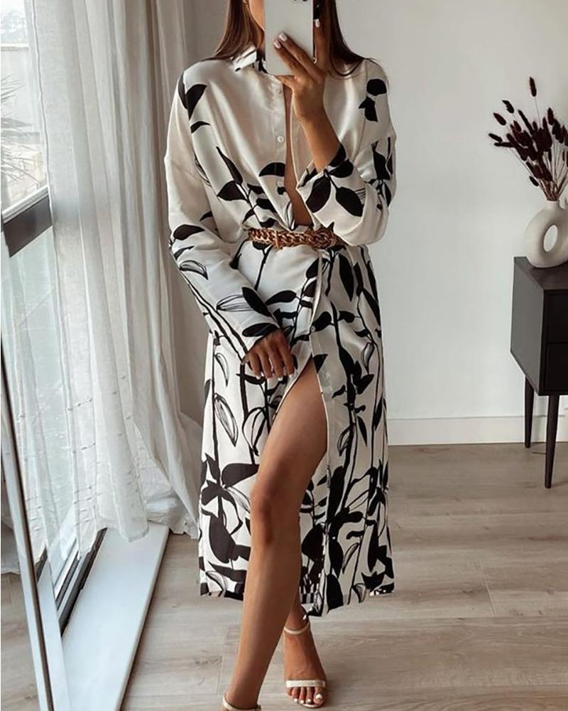 

Leaf Print Button Front Long Sleeve Shirt Dress, White
