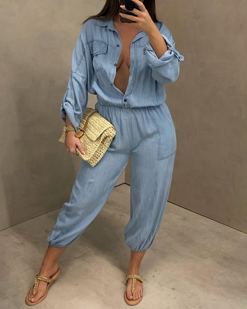 

Pocket Button Design Long Sleeve Denim Jumpsuit, Blue