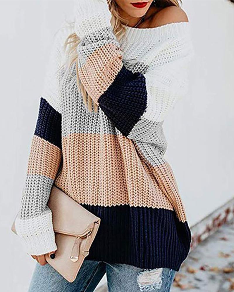 

Colorblock Knit Long Sleeve Sweater, Pink