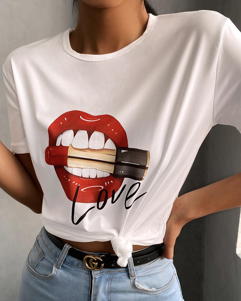 

Lip Print Short Sleeve Casual T-shirt, Style1