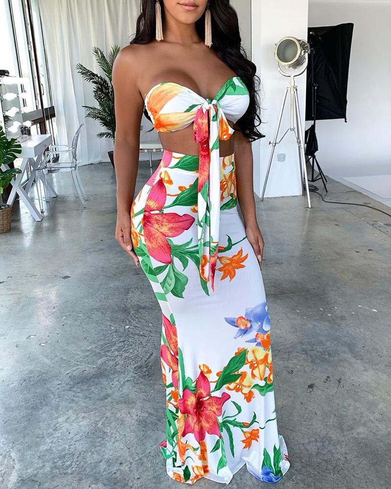 

Floral Print Tube Knotted Top & Maxi Skirt Sets, Multicolor
