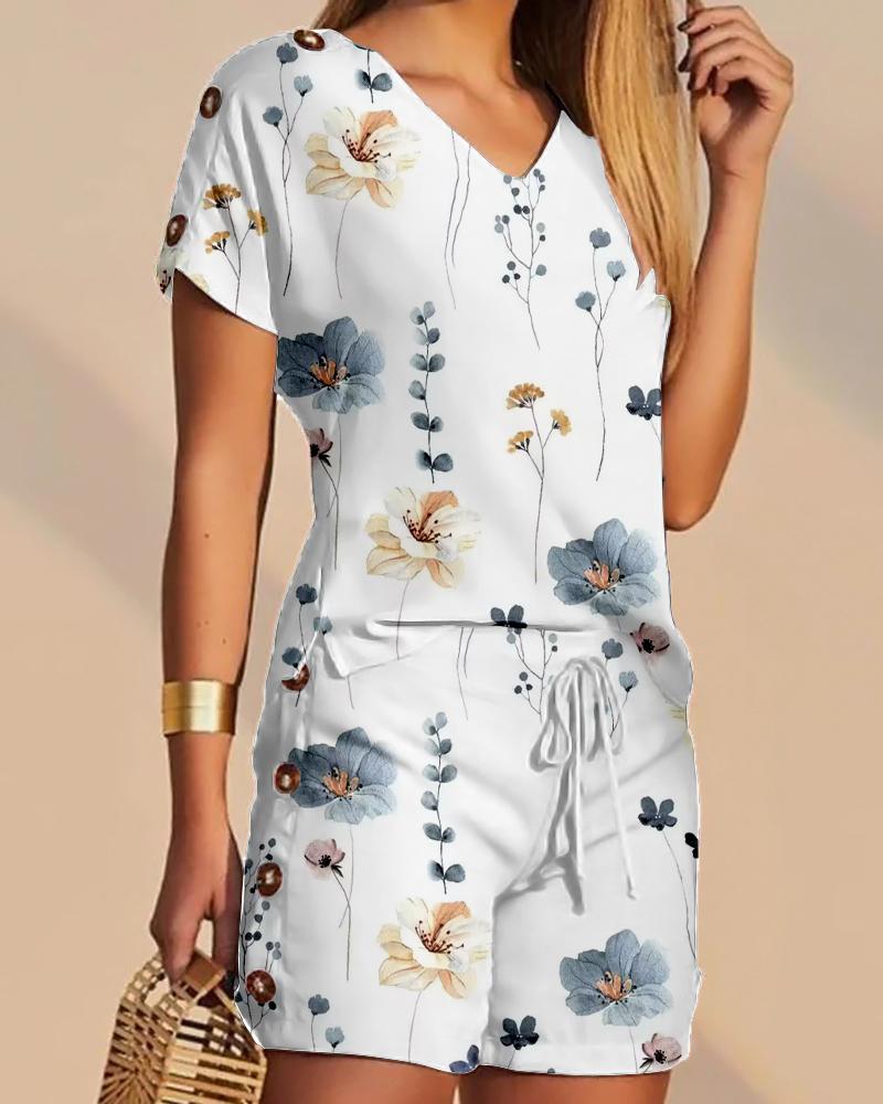 

Floral Print T-shirt & Drawstring Shorts Set, White