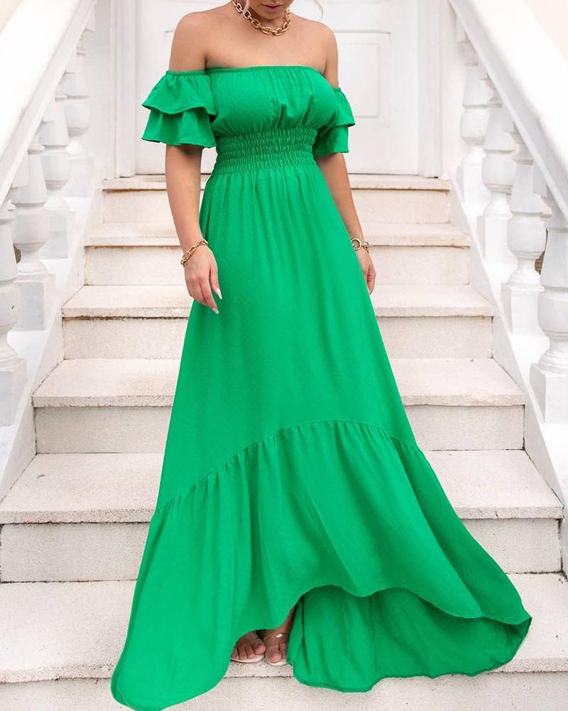 

Off Shoulder Tight Waist Plain Maxi Dress, Green