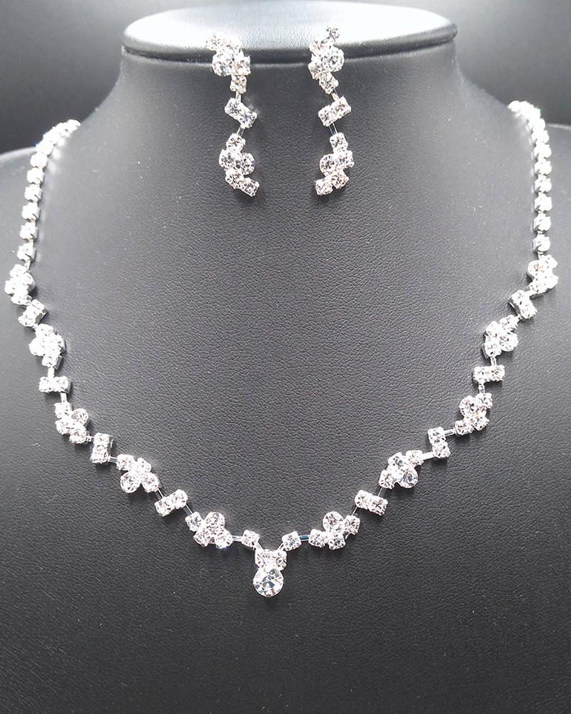 

2pcs Fashionable Asymmetrical Rhinestone Drop Earrings & Necklace Wedding Bridal Jewelry Set, Silver
