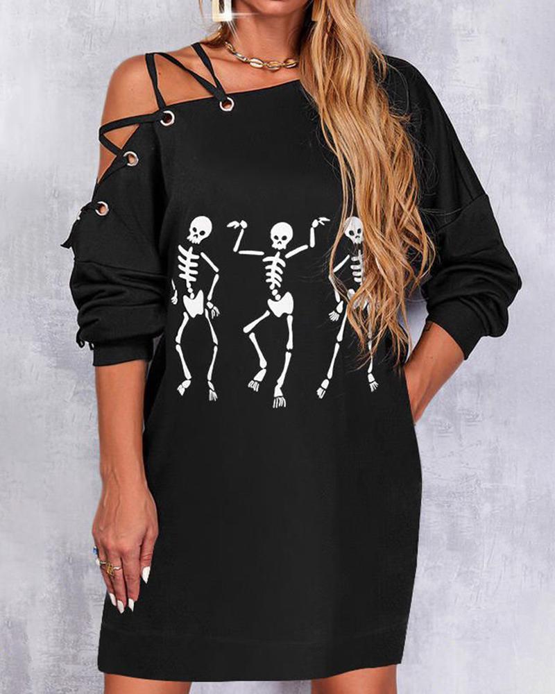 

Halloween Skeleton Print Cold Shoulder Casual Dress, Black