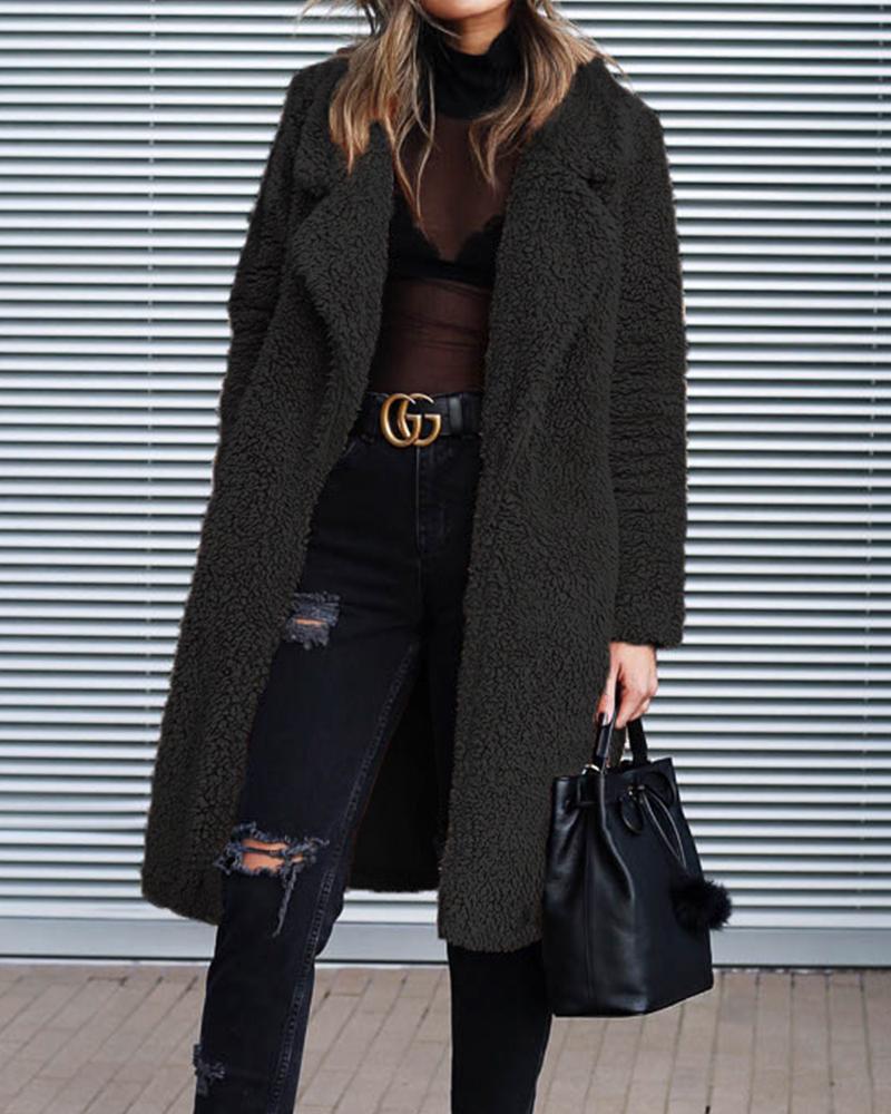 

Lapel Collar Longline Teddy Coat, Black