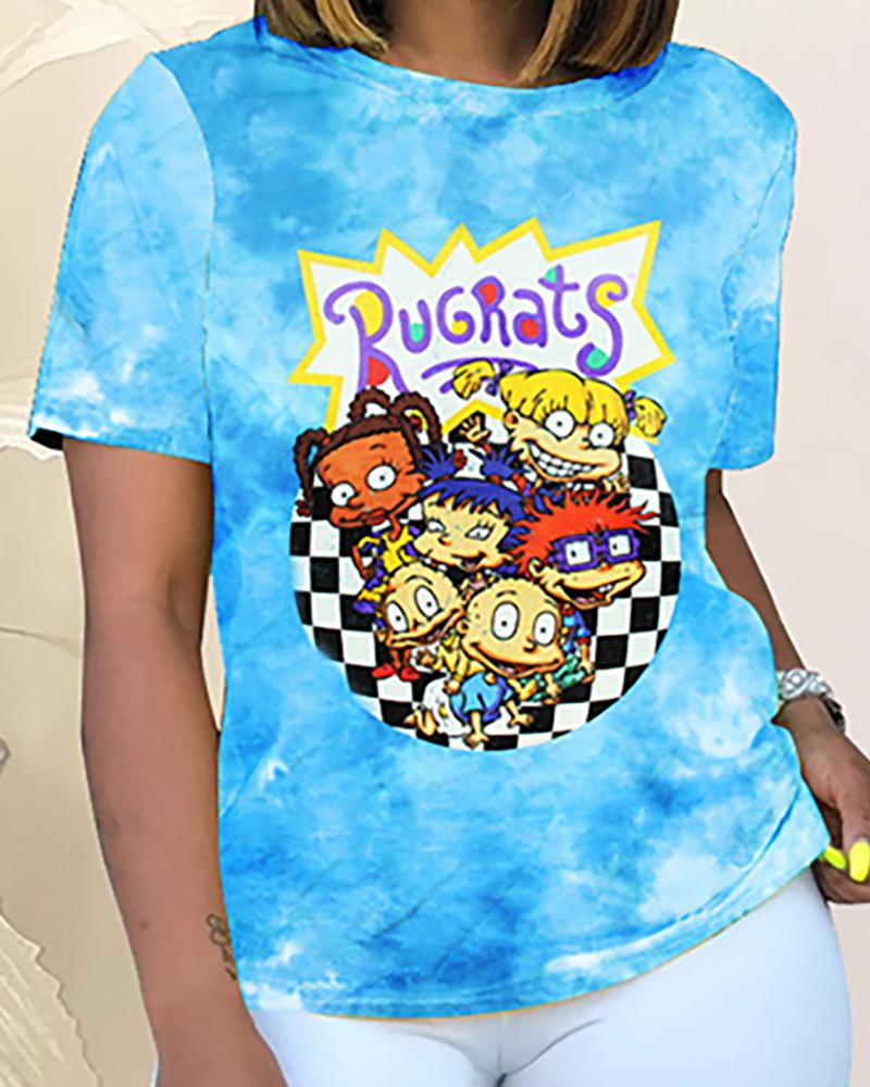 

Cartoon Figure Print Short Sleeve Casual T-Shirt, Blue