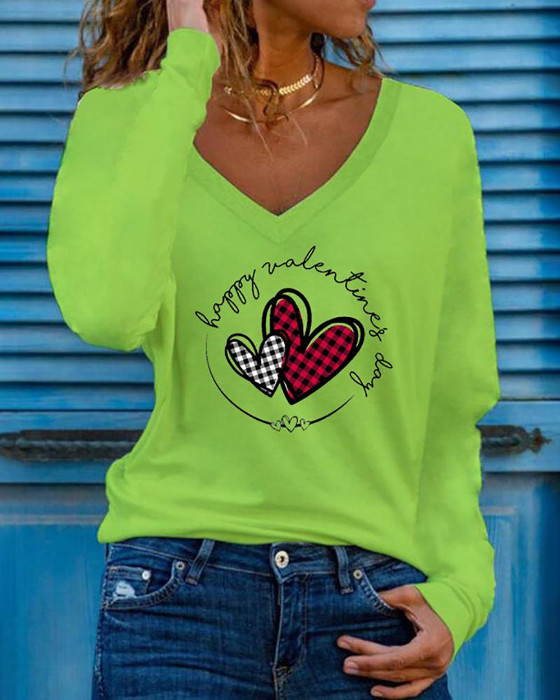 

Valentine' Day Plaid Letter Heart Print Long Sleeve Top, Green