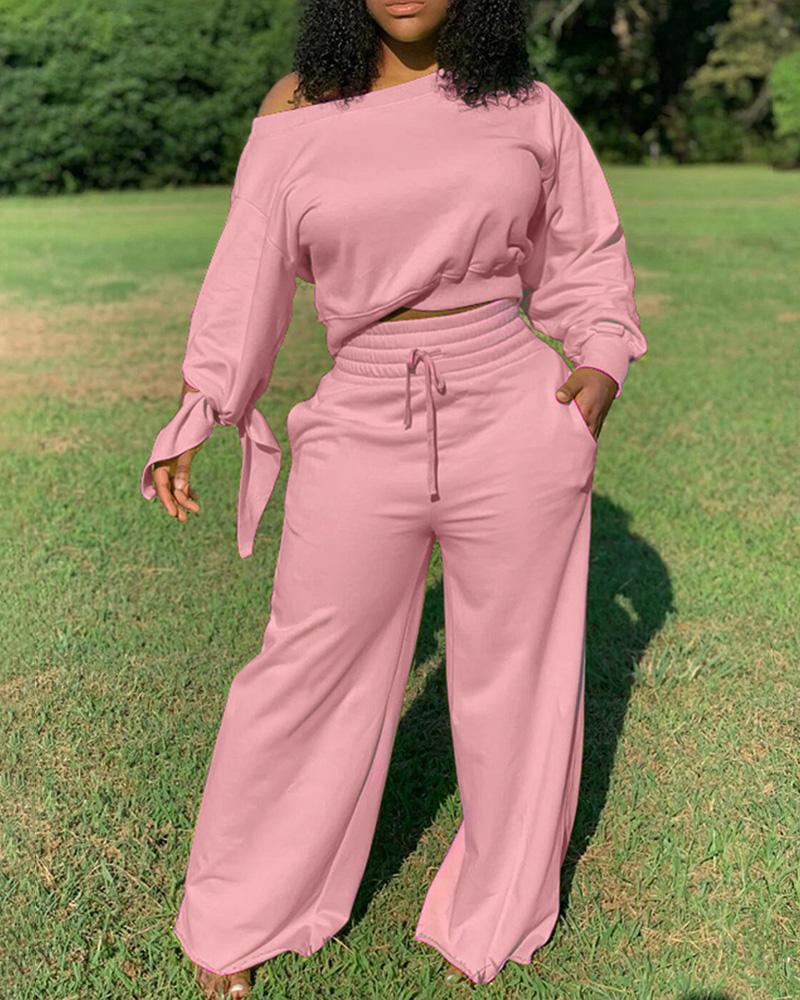 

Long Sleeve Tied Detail Top & Pocket Design Drawstring Pants Set, Pink