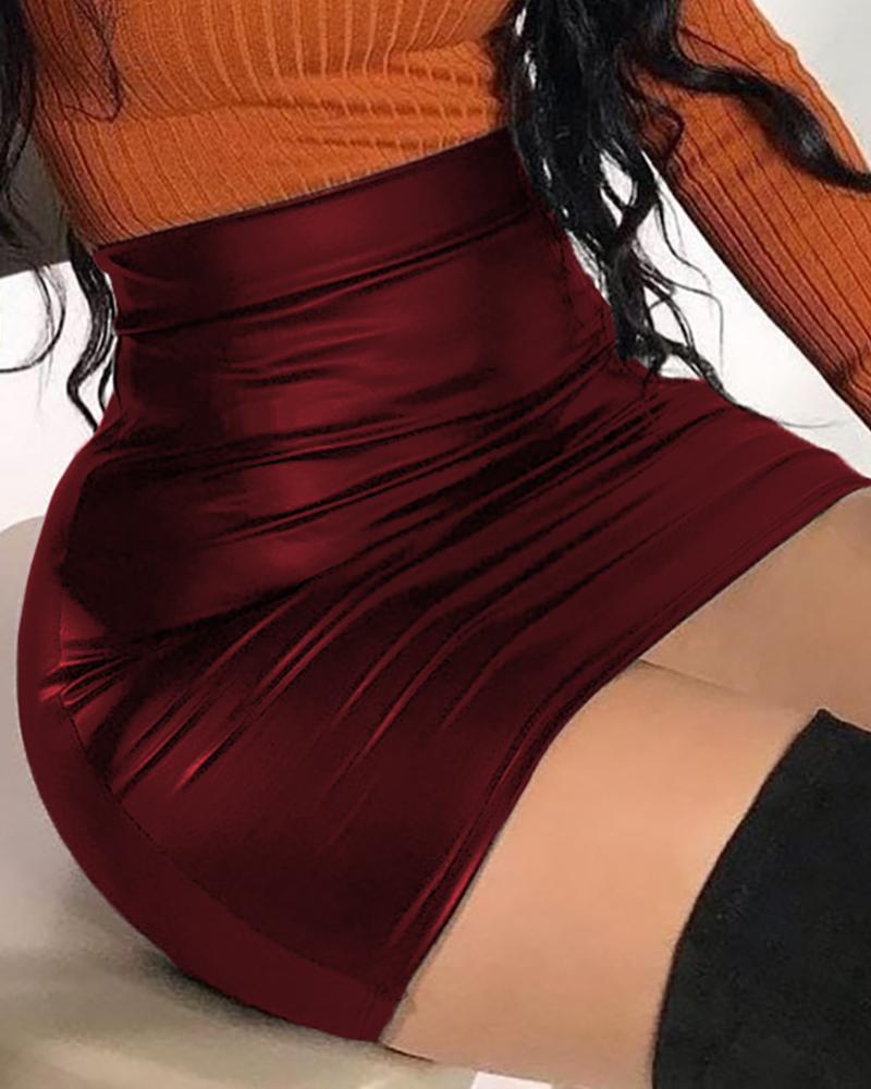 

PU Leather High Waist Skirt, Wine red