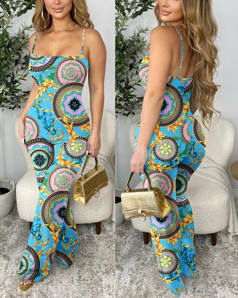 

Scarf Baroque Print Spaghetti Strap Jumpsuit, Blue