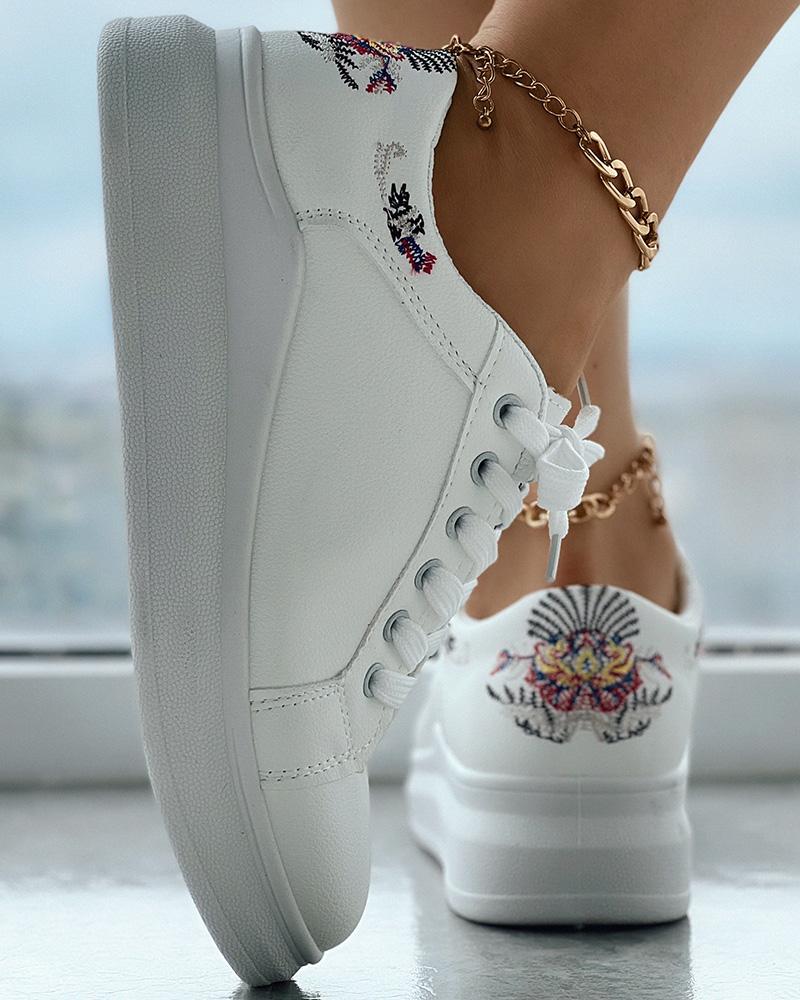 

Embroidery Lace-up Round Toe Sneakers, White