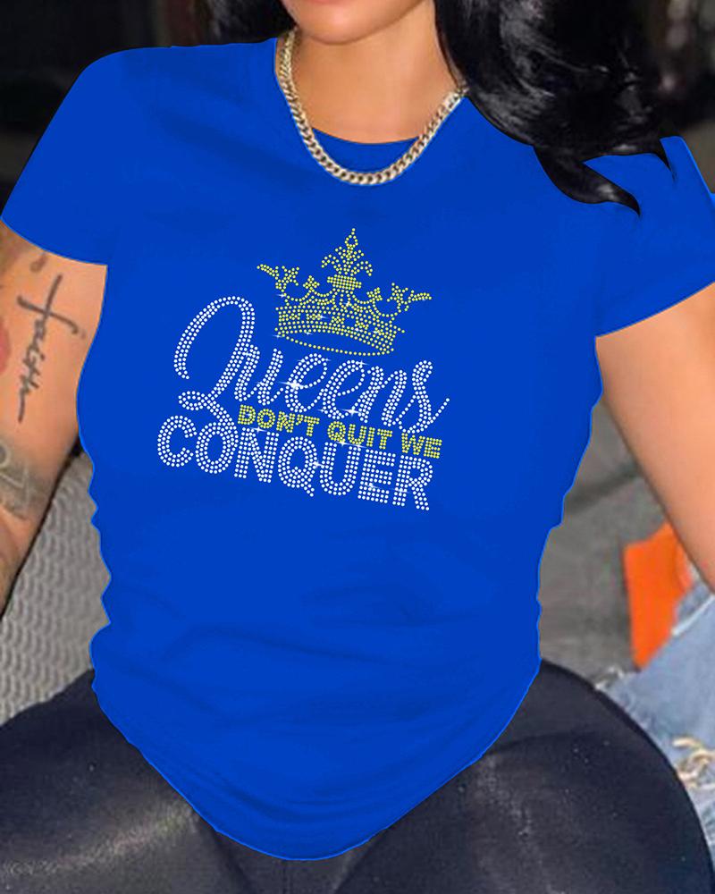 

Rhinestone Crown Letter Pattern Short Sleeve Top, Blue