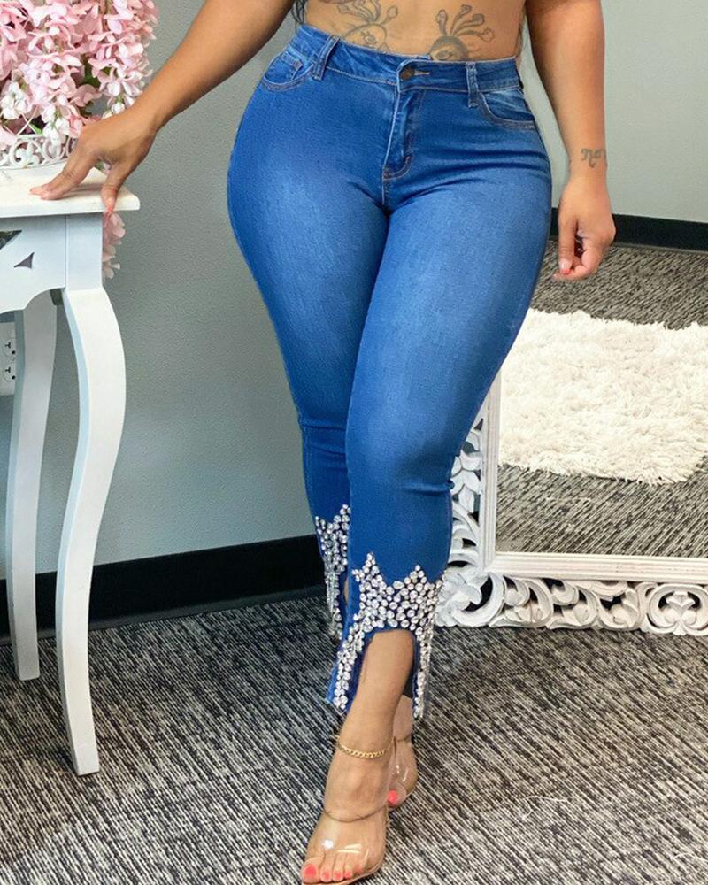 

Zipper Fly Beaded Crown Decor Ankle-Cut Skinny Jeans, Blue