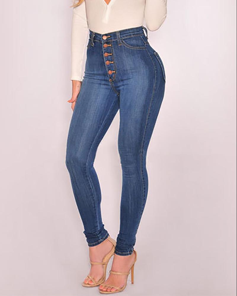 

High Waist Buttoned Pocket Design Jeans, Blue