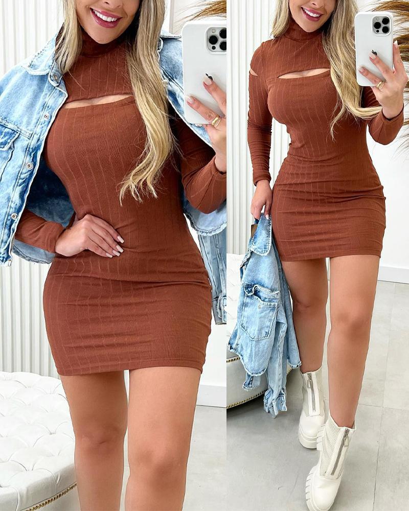 

Mock Neck Long Sleeve Cutout Bodycon Dress, Brown