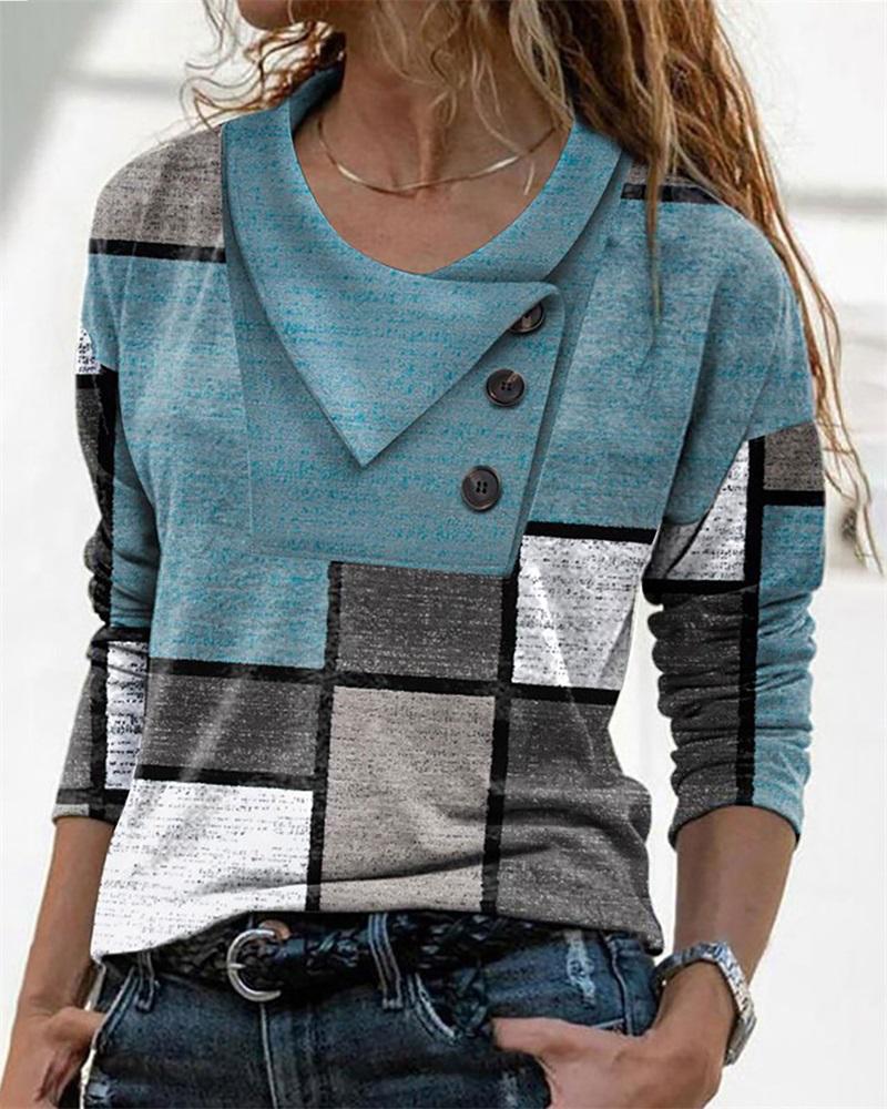 

Colorblock Button Decor Long Sleeve Top, Lighted blue