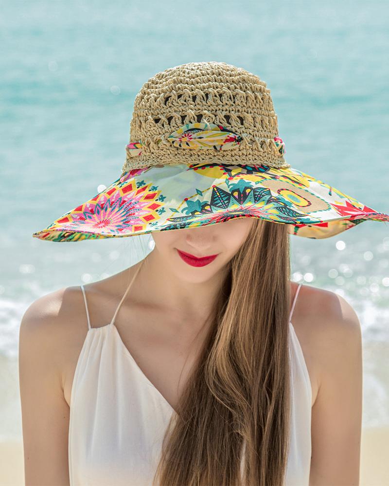 

Tribal Print Bow Decor Straw Hat, Beige