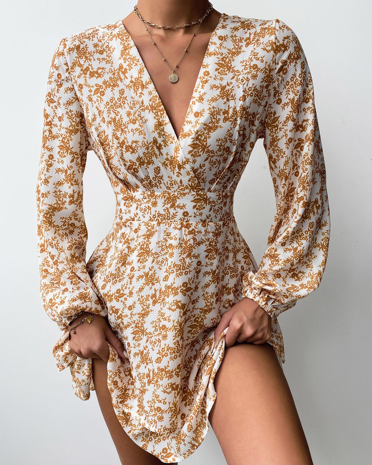 

V-neck Floral Print Long Sleeve Dress, Yellow