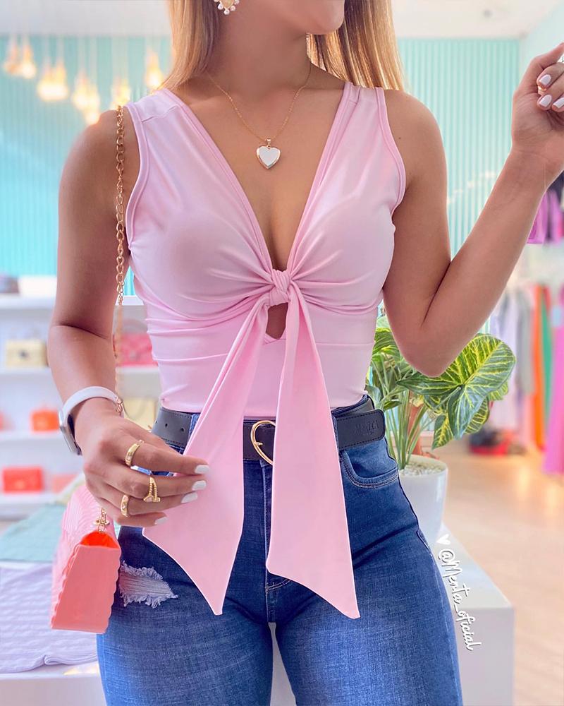 

Tied Detail V-Neck Tank Top, Pink
