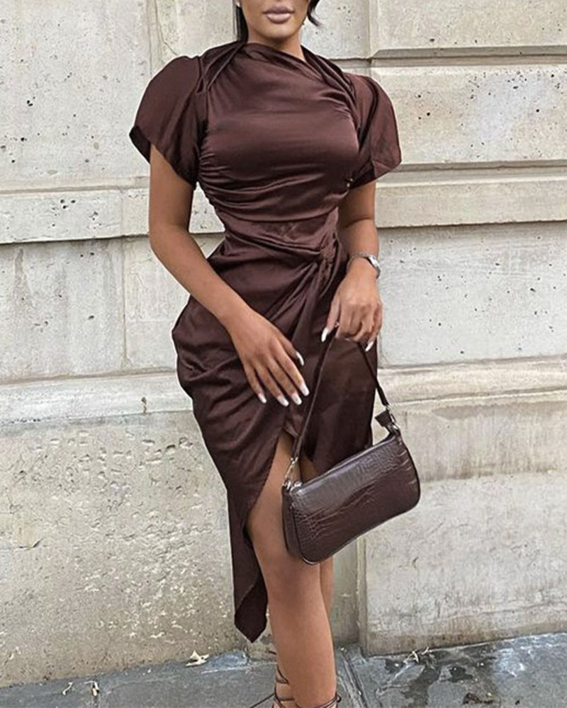 

Asymmetrical Split Work Dress, Coffee
