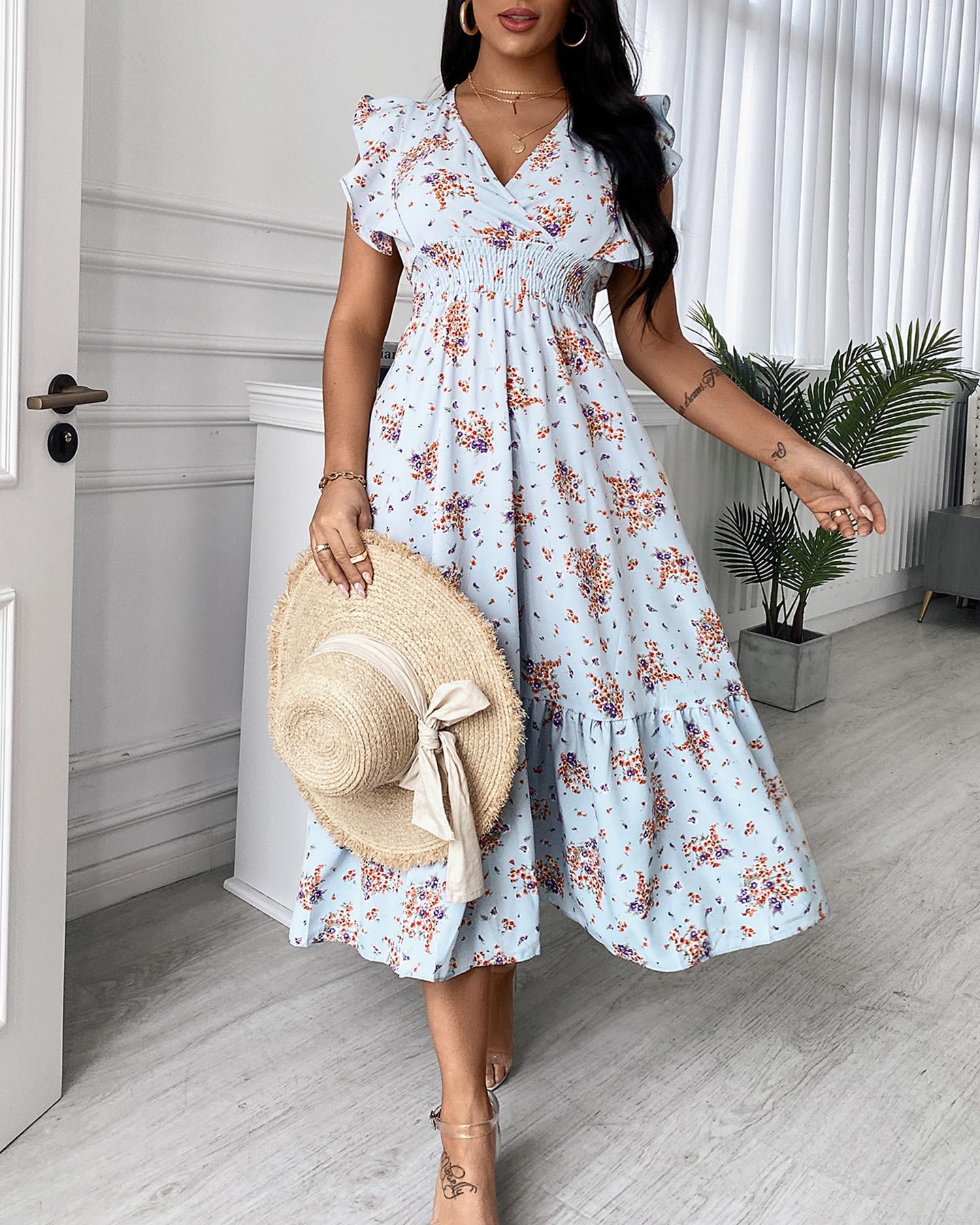 

Floral Print Ruffles Hem Shirred Maxi Dress, Blue