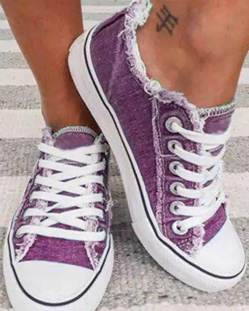 

Eyelet Lace-up Fringe Hem Canvas Shoes, Purple