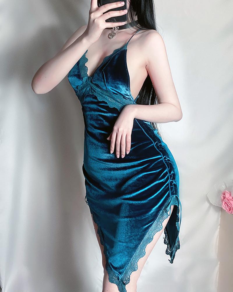 

Crisscross Backless Lace Patch Velvet Slit Babydoll, Blue