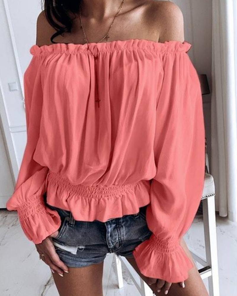 

Solid Frill Trim Off Shoulder Flounce Sleeve Shirred Blouse Casual Long Sleeve Blouse, Pink