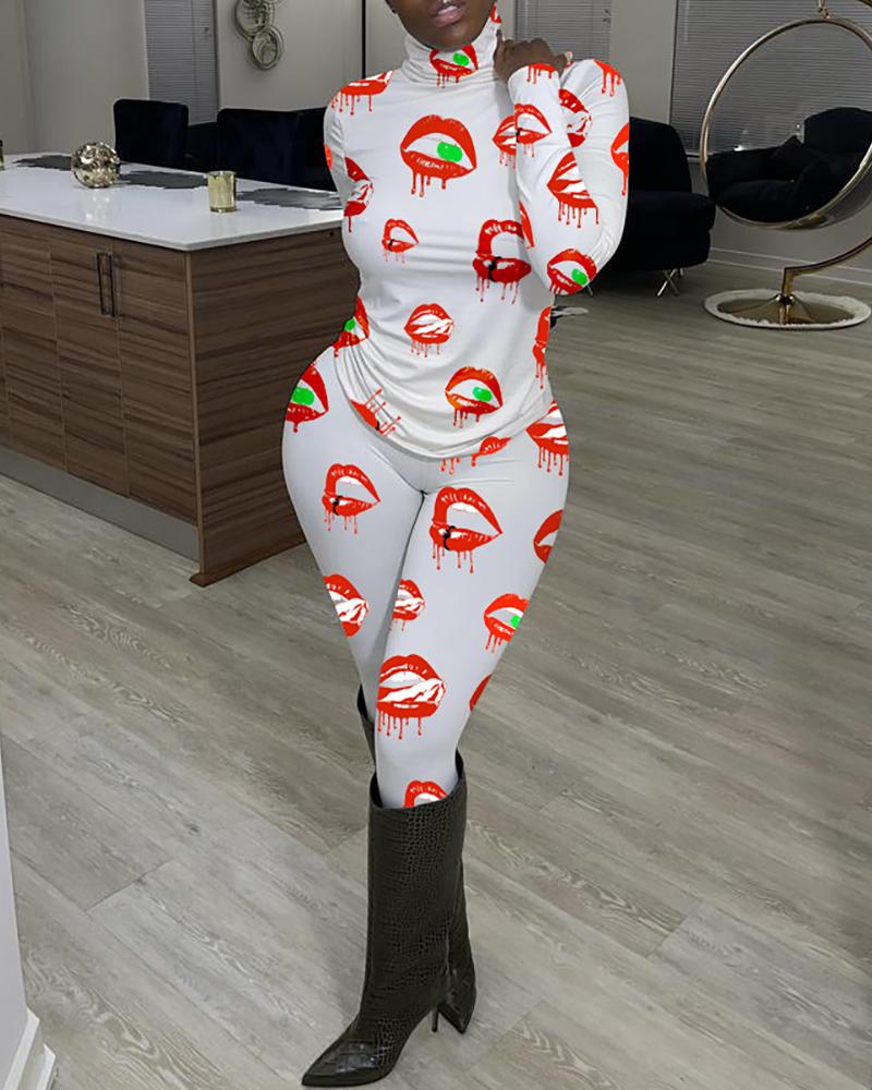 

Lip / Letter / Heart Print Top & Pants Set, Style1